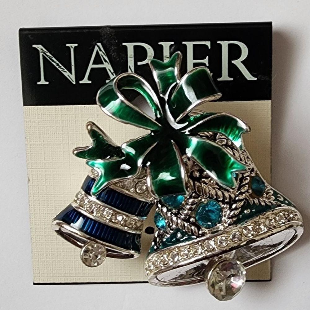Napier Christmas Bell Enamel Rhinestone Brooch NWT